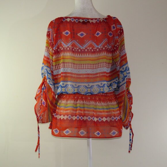 Style & Co Multi-Color Adjustable Sleeve Semi Sheer Embellished Blouse S (C1115) - Picture 5 of 6